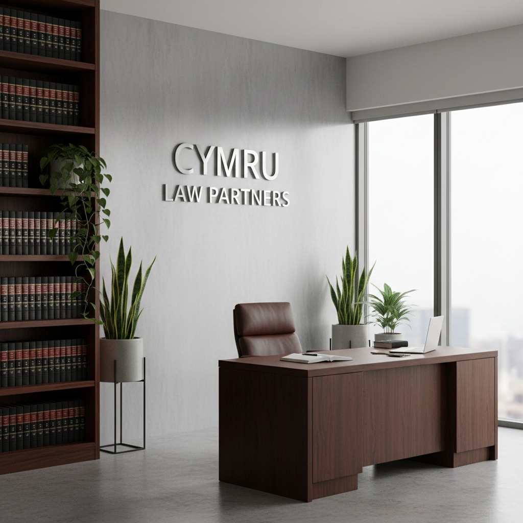 A modern law office features a large wooden desk, a leather chair, and floor-to-ceiling bookshelves, with the company name Cymru Law Partners displayed in raised metallic lettering on the grey wall behind the desk.